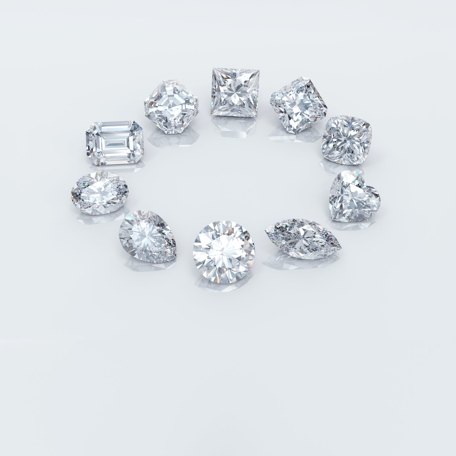 Picture on ideal cut lab grown diamonds in different shapes.